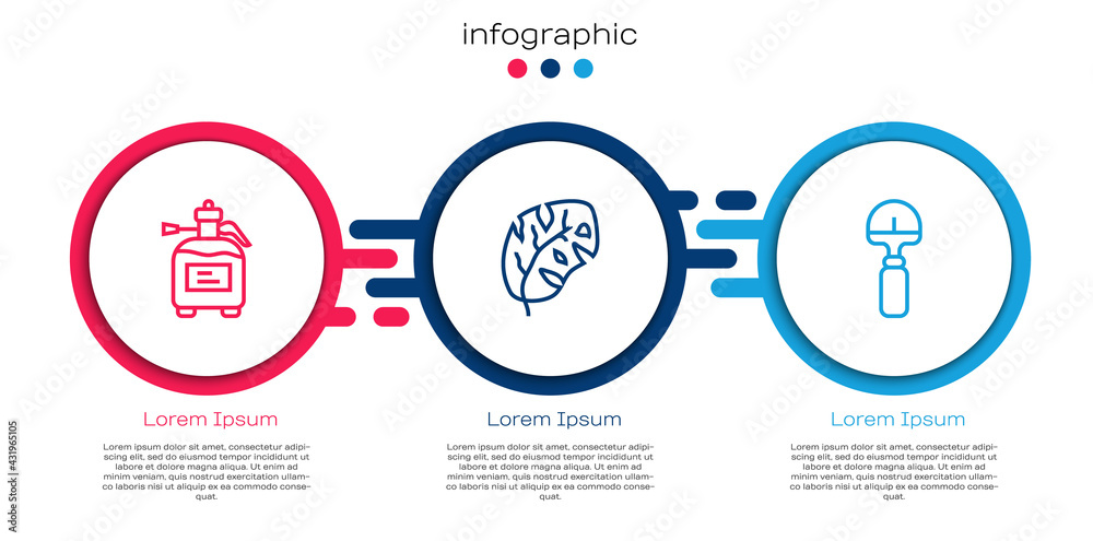 Set line Garden sprayer for fertilizer, Tropical leaves and Shovel. Business infographic template. V