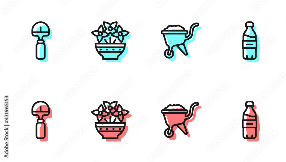 Set line Wheelbarrow with dirt, Shovel, Flower in vase and Bottle of water icon. Vector