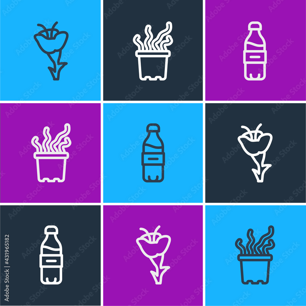 Set line Flower, Bottle of water and Exotic tropical plant in pot icon. Vector