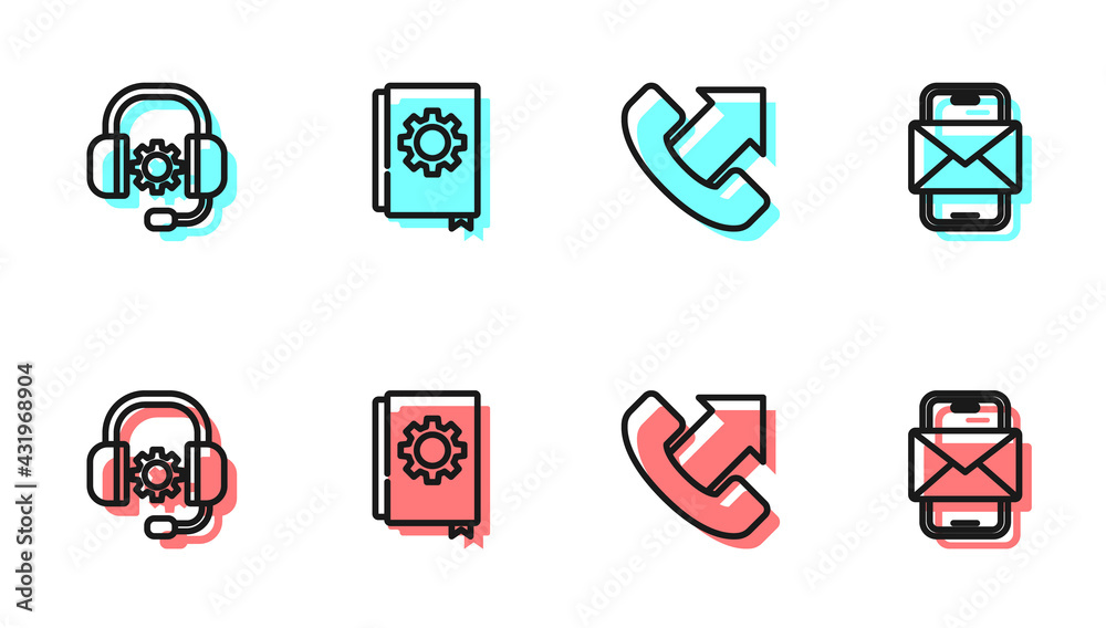 Set line Telephone 24 hours support, Headphones, User manual and Mobile and envelope icon. Vector