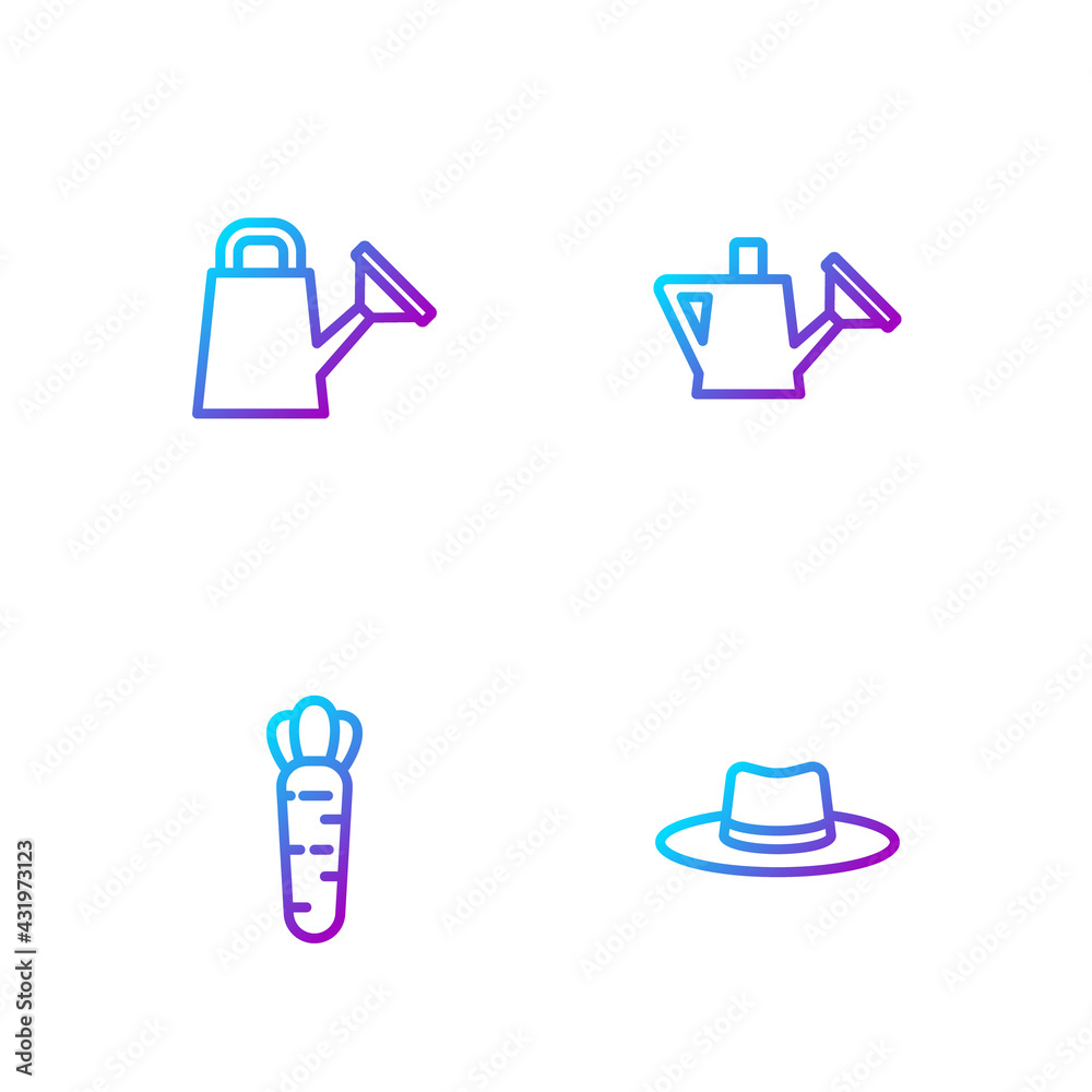 Set line Gardener worker hat, Carrot, Watering can and . Gradient color icons. Vector