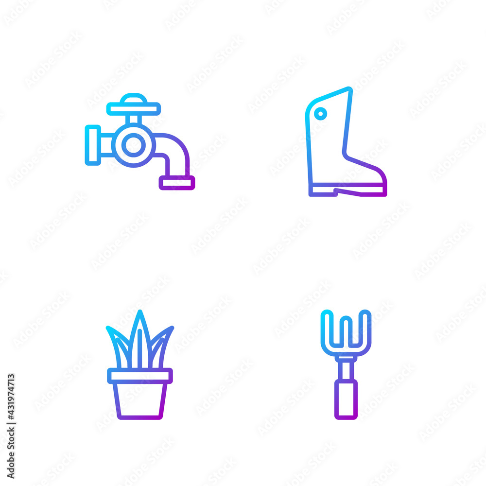 Set line Garden rake, Plant in pot, Water tap and Rubber gloves. Gradient color icons. Vector