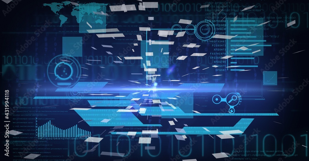 Composition of scopes scanning, data processing and screens on blue background