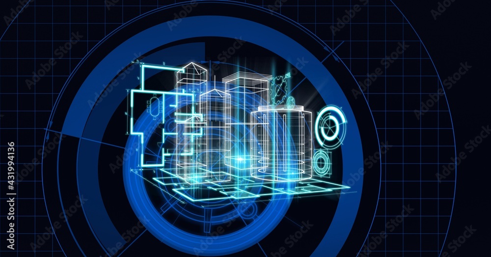 Composition of 3d cityscape over blue scopes scanning over grid on black background