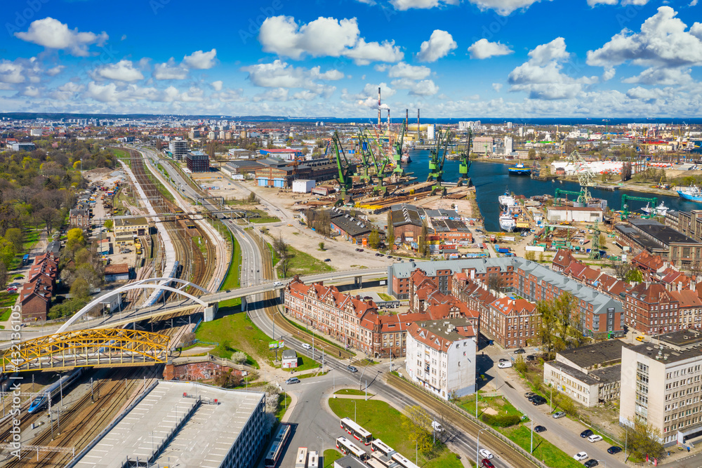 Aerial view of city center in Gdansk with shipyard area. Poland