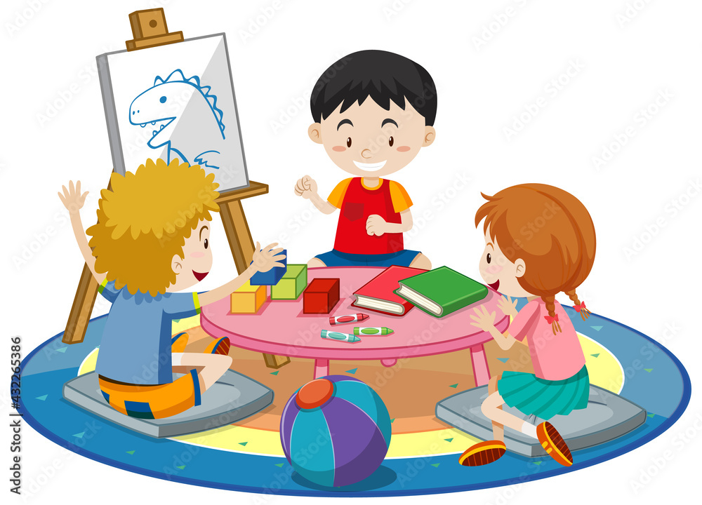 Students with kindergarten room elements on white background