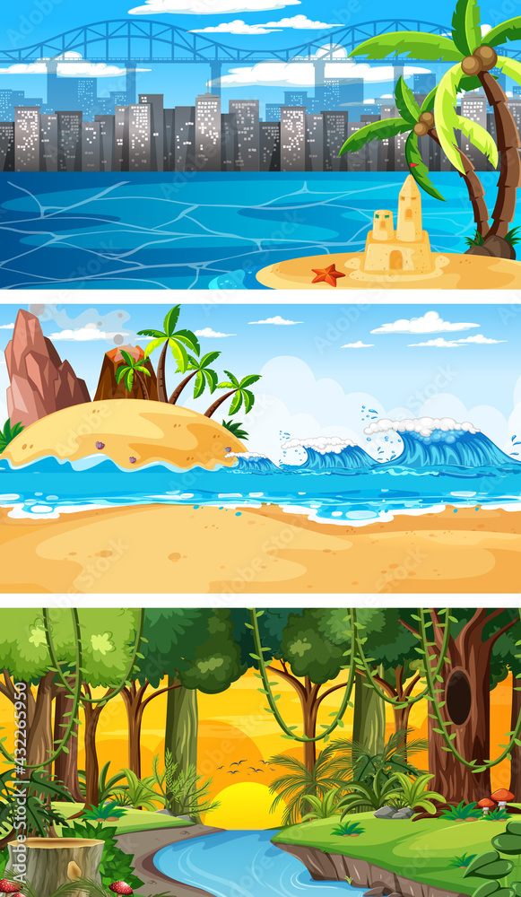 Set of different nature horizontal scenes