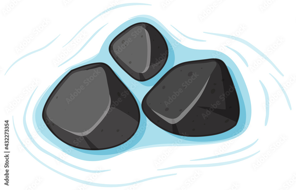 Group of black stones on water on white background