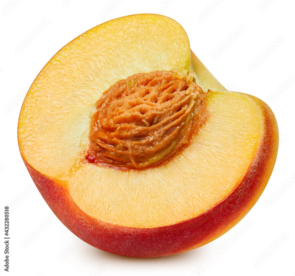 Peach half isolated on white background. Peach Clipping path. Fresh organic peach.