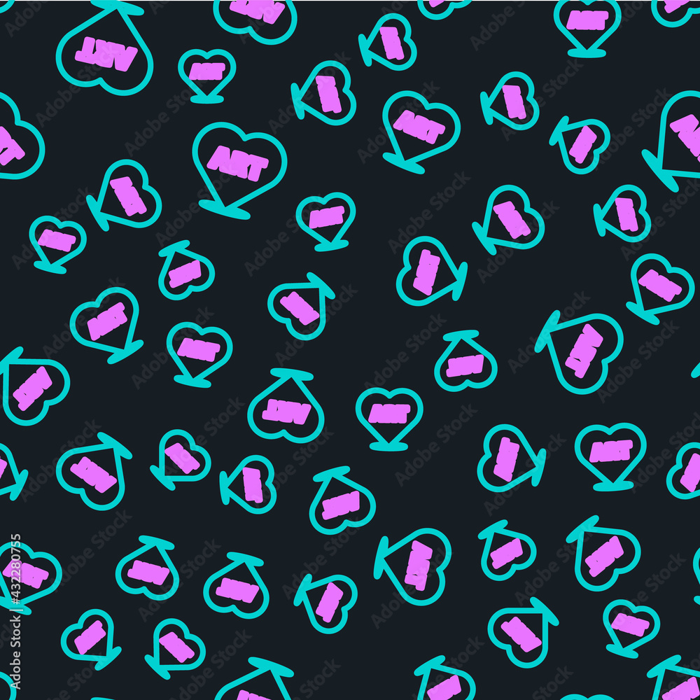 Line Heart with text art icon isolated seamless pattern on black background. Vector Illustration