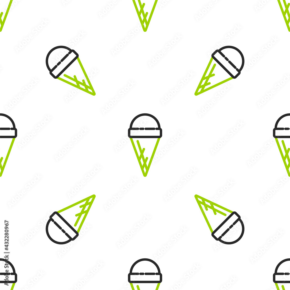 Line Ice cream in waffle cone icon isolated seamless pattern on white background. Sweet symbol. Vect