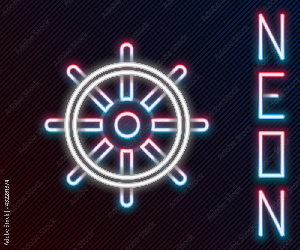 Glowing neon line Ship steering wheel icon isolated on black background. Colorful outline concept. V