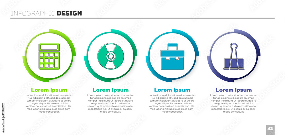 Set Calculator, CD or DVD disk, Briefcase and Binder clip. Business infographic template. Vector