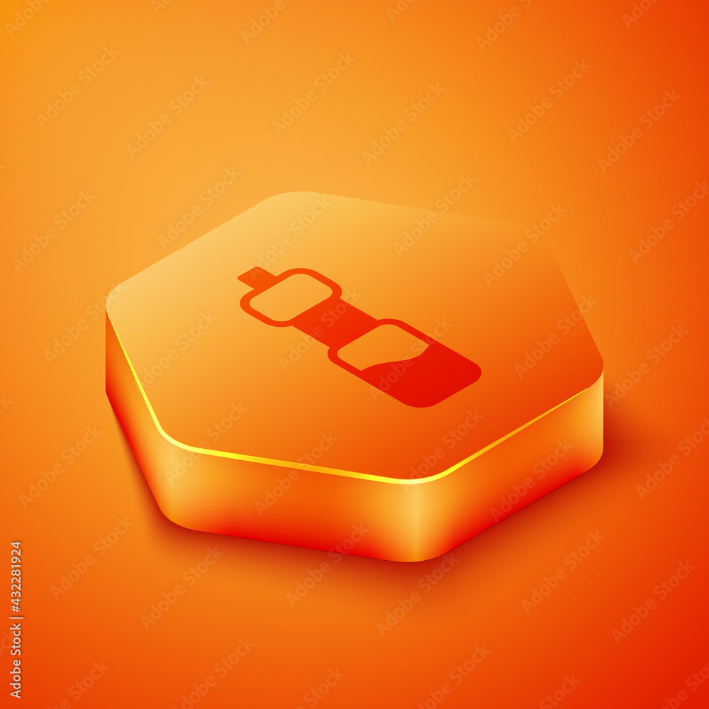 Isometric Bottle of water icon isolated on orange background. Soda aqua drink sign. Orange hexagon b