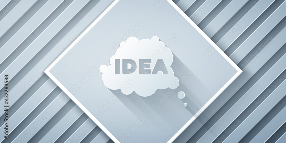 Paper cut Idea, speech bubble icon isolated on grey background. Message speech bubble idea with clou