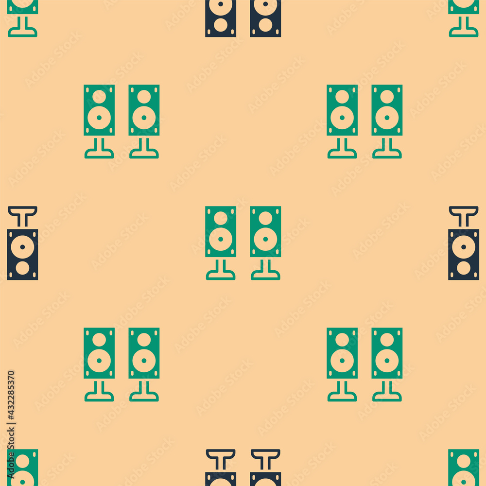 绿色和黑色立体声扬声器图标在米色背景上隔离无缝图案。音响系统spea