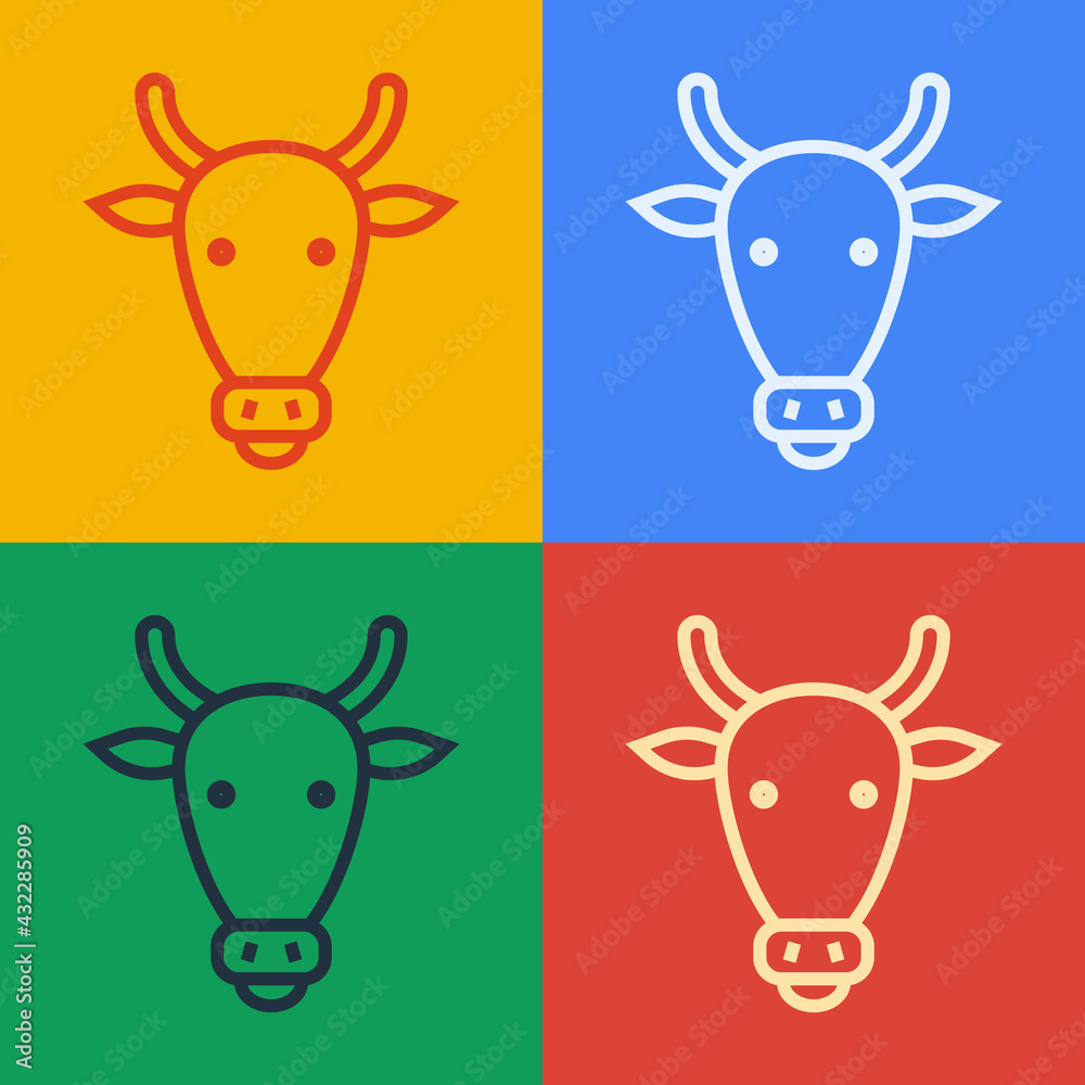 Pop art line Cow head icon isolated on color background. Vector