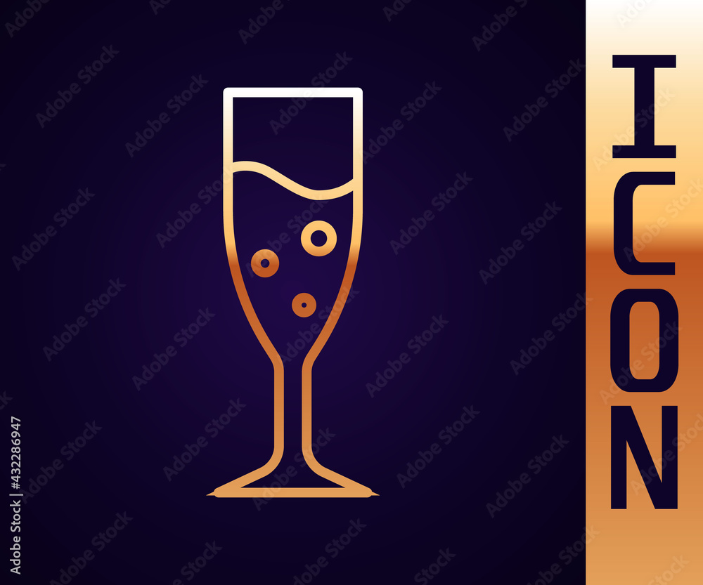 Gold line Glass of champagne icon isolated on black background. Vector