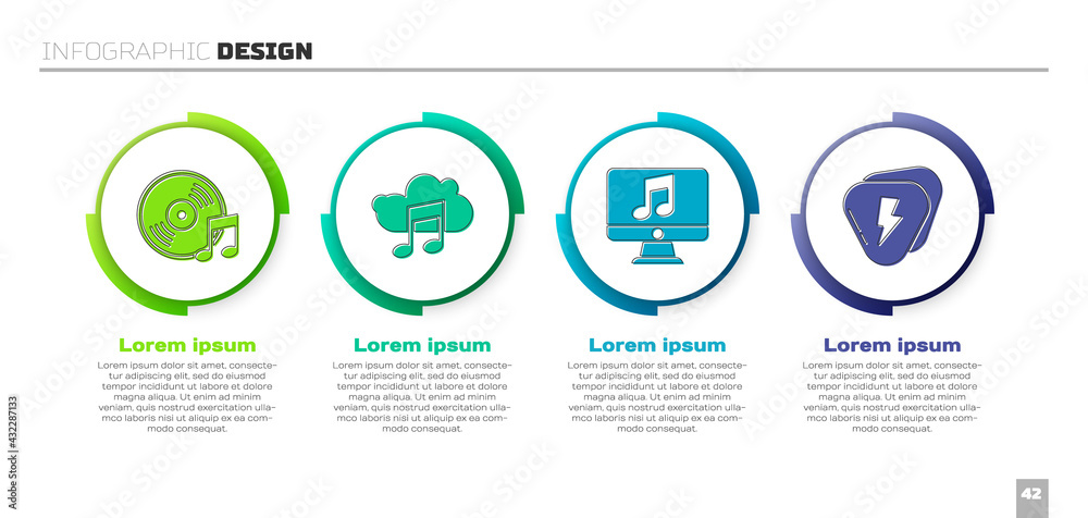 Set Vinyl disk, Music streaming service, Computer with music note and Guitar pick. Business infograp