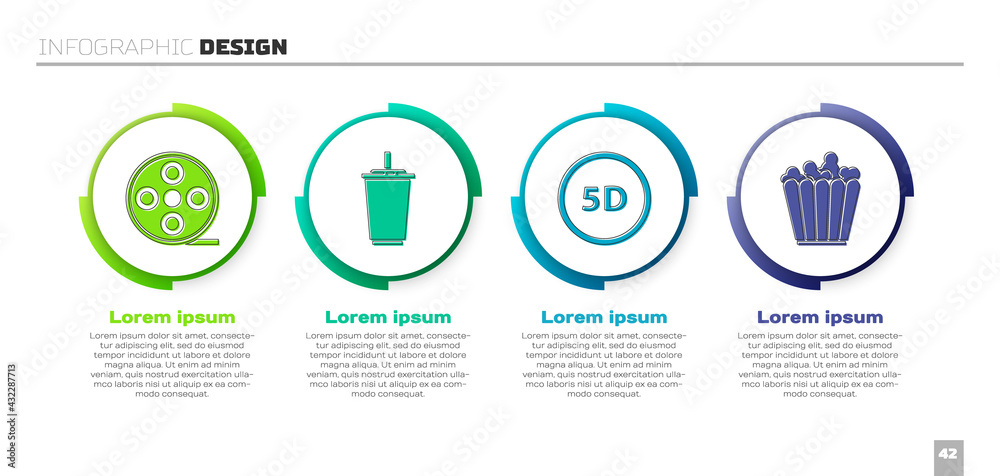 Set Film reel, Paper glass with water, 5d virtual reality and Popcorn in box. Business infographic t