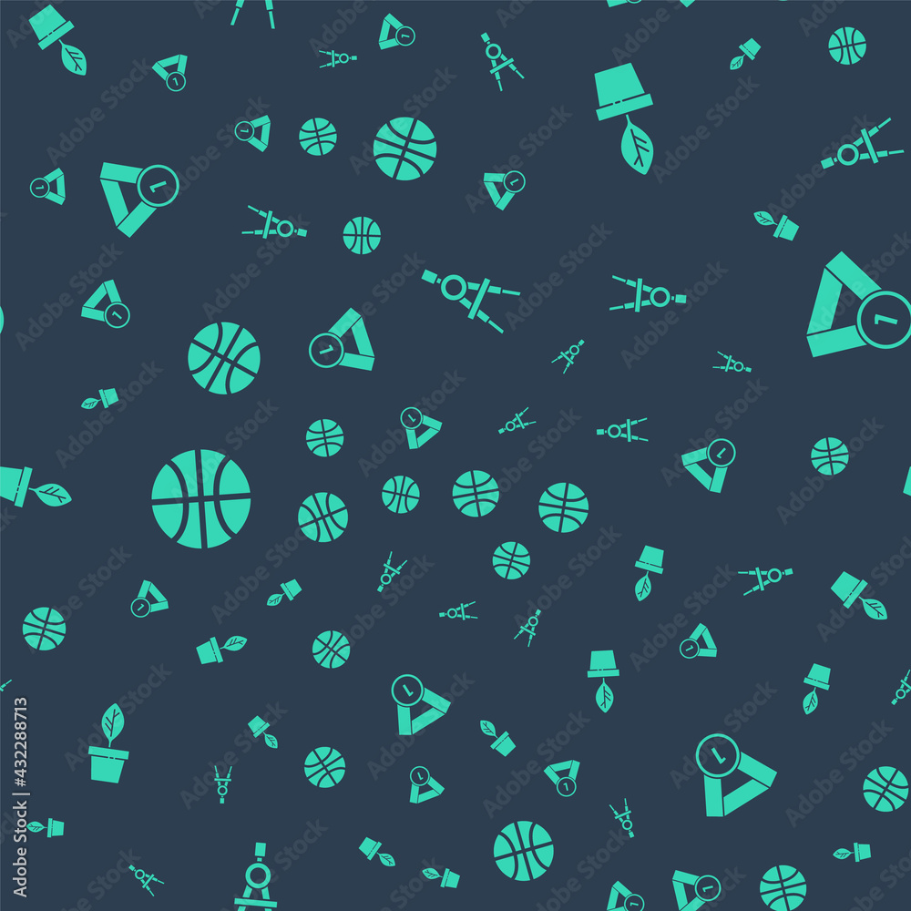 Set Drawing compass, Plant pot, Basketball ball and Medal on seamless pattern. Vector