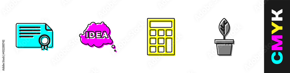 Set Certificate template, Idea, speech bubble, Calculator and Plant in pot icon. Vector