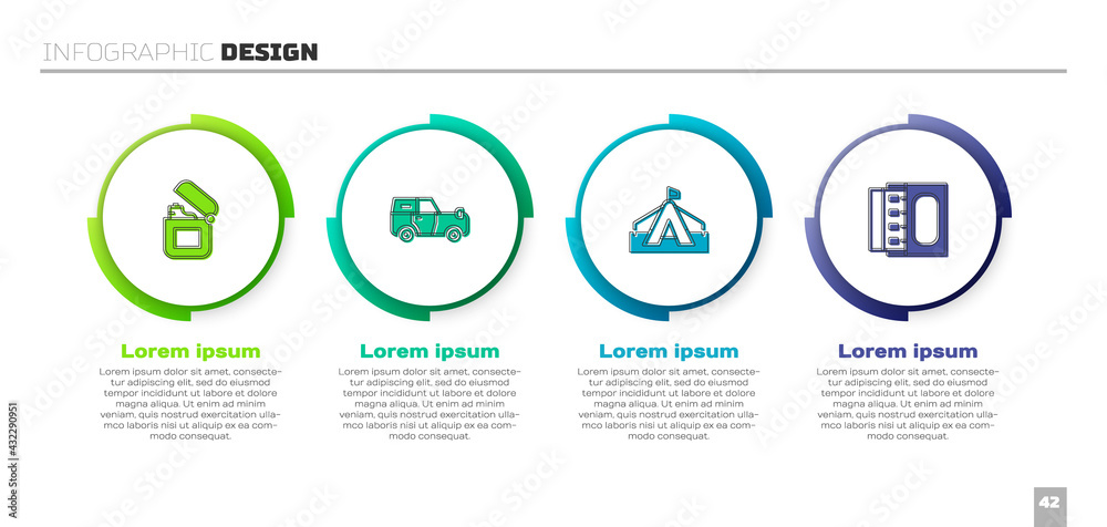 设置打火机、越野车、旅游帐篷、火柴盒和火柴。商业信息图模板。Vec