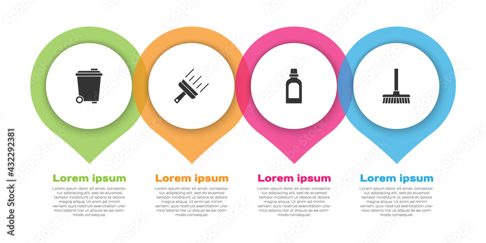 设置垃圾桶、窗户橡胶清洁剂、瓶子清洁剂和把手扫帚。商业信息图