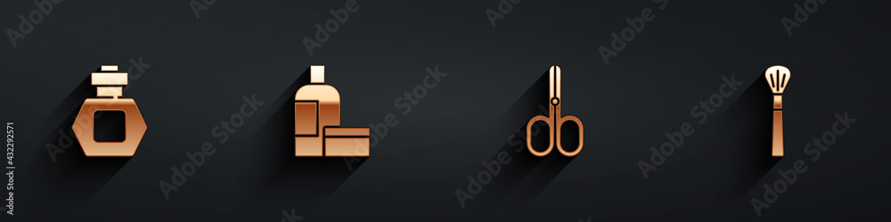 Set Perfume, Cream or lotion cosmetic tube, Scissors and Makeup brush icon with long shadow. Vector