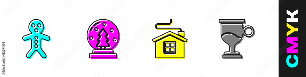 Set Holiday gingerbread man cookie, Christmas snow globe, Merry house and Mulled wine icon. Vector