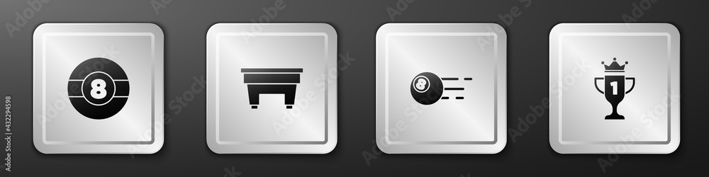 Set Billiard ball, table, and Award cup icon. Silver square button. Vector