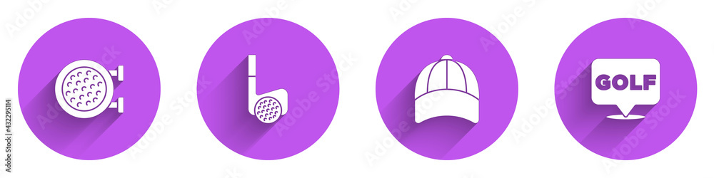 Set Golf sport club, with ball, Baseball cap and label icon with long shadow. Vector