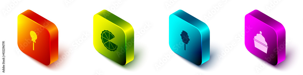 Set Isometric Lollipop, Homemade pie, Cotton candy and Cake icon. Vector