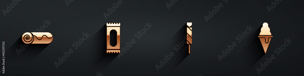 Set Chocolate roll cake, Candy, and Ice cream in waffle cone icon with long shadow. Vector