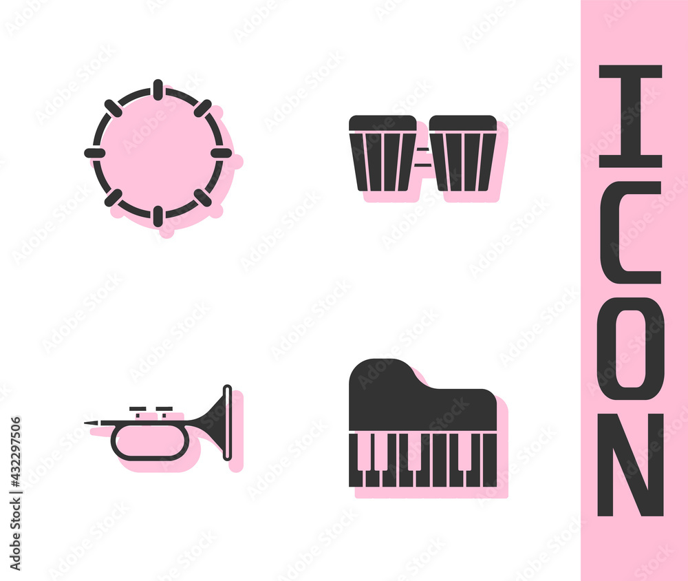 Set Grand piano, Tambourine, Trumpet and Drum icon. Vector