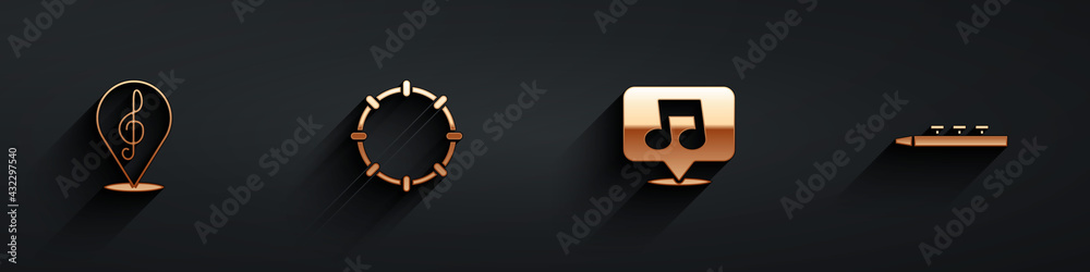 Set Treble clef, Tambourine, Music note, tone and Drum and drum sticks icon with long shadow. Vector