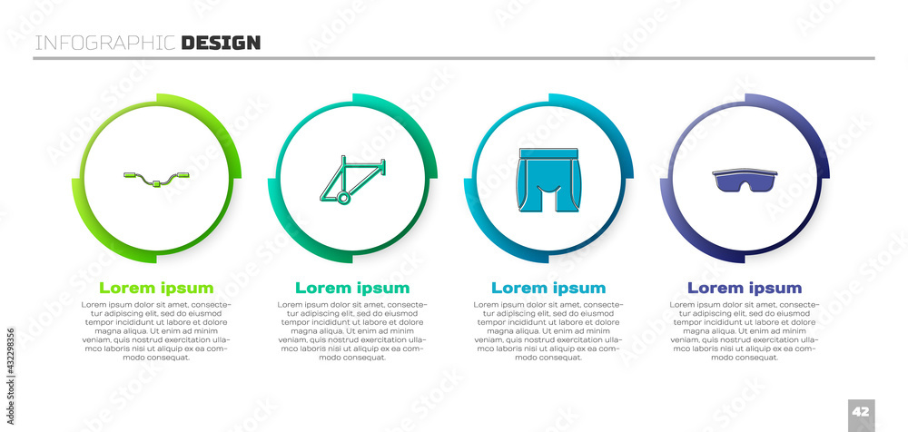 设置自行车车把、车架、骑行短裤和运动自行车太阳镜。商业信息图温度