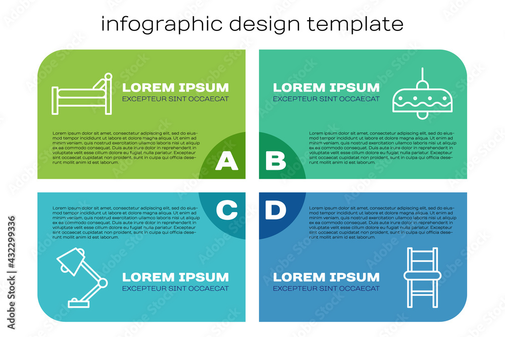 设置行台灯、床、椅子和吊灯。商业信息图模板。矢量