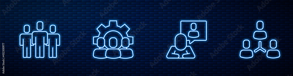 Set line Head hunting, Users group, Project team base and . Glowing neon icon on brick wall. Vector