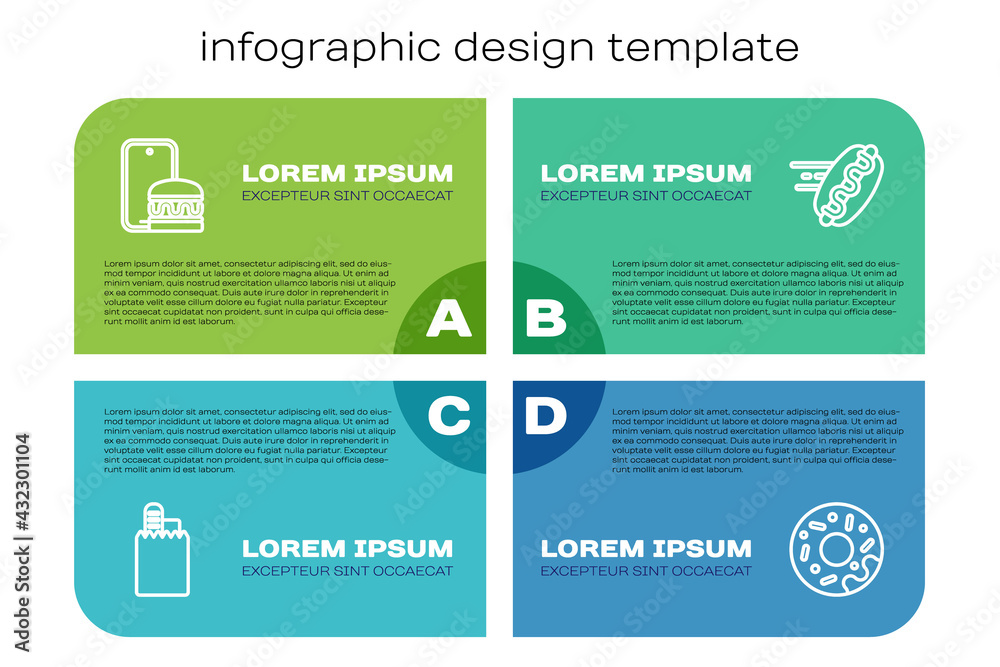 Set line Online ordering and delivery, , Donut and hotdog. Business infographic template. Vector