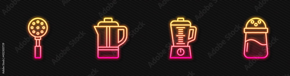 Set line Blender, Spatula, Teapot and Salt. Glowing neon icon. Vector