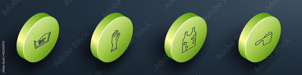 Set Isometric line Temperature wash, Rubber gloves, Dirty t-shirt and Washing powder icon. Vector