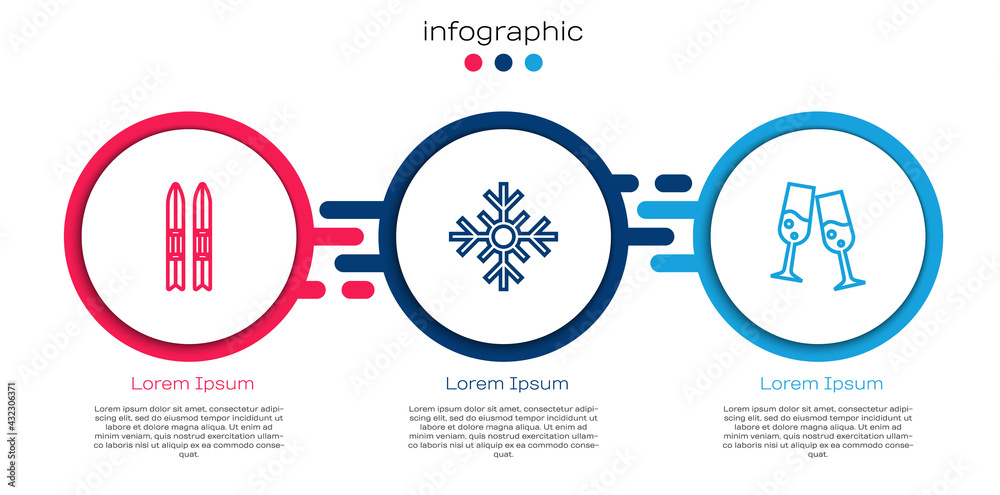 Set line Ski and sticks, Snowflake and Glass of champagne. Business infographic template. Vector