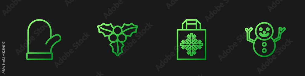 Set line Christmas shopping bag, mitten, Branch viburnum and snowman. Gradient color icons. Vector