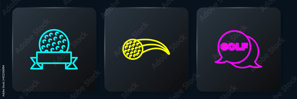 Set line Golf ball, label and . Black square button. Vector