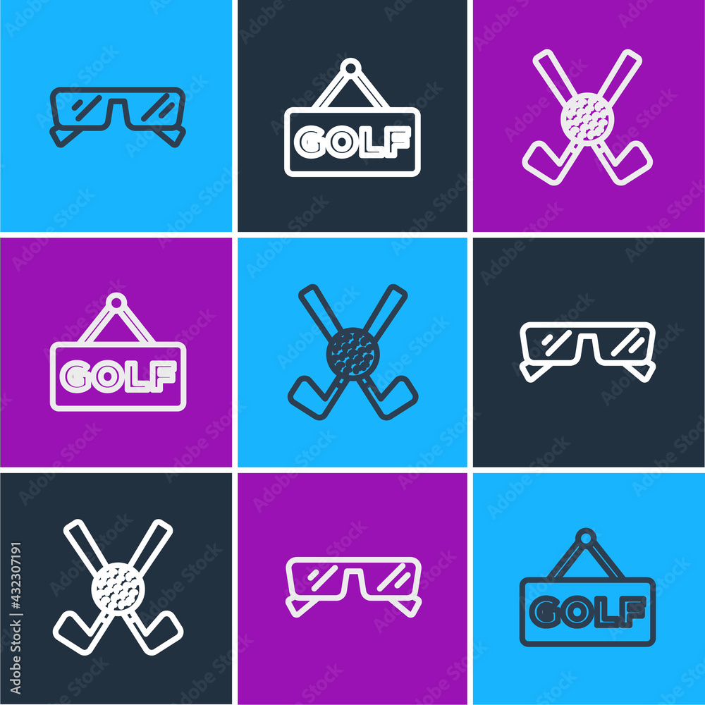 Set line Glasses, Crossed golf club with ball and Golf label icon. Vector