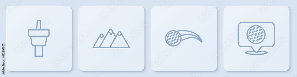 设置线高尔夫球座、球、山脉和标签。白色方形按钮。矢量