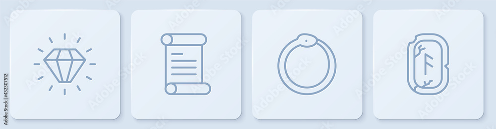 设定线钻石，Ouroboros，法令，羊皮纸，卷轴和魔法符文。白色方形按钮。矢量
