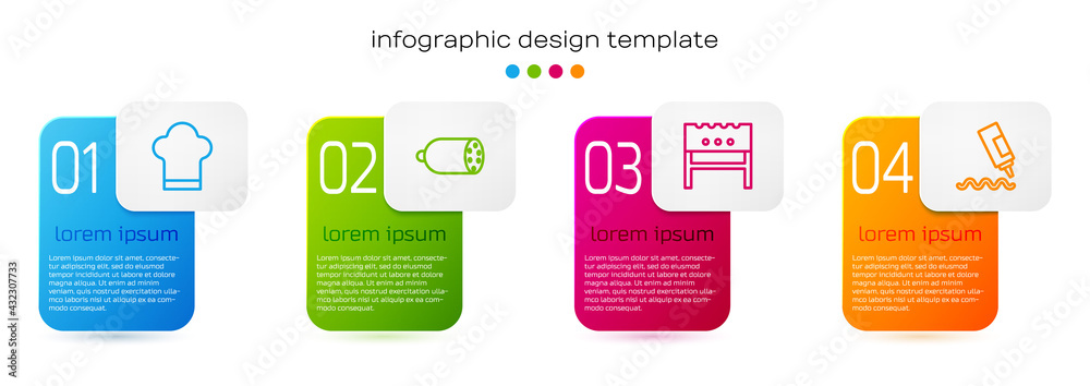 Set line Chef hat, Salami sausage, BBQ brazier and Sauce bottle. Business infographic template. Vect