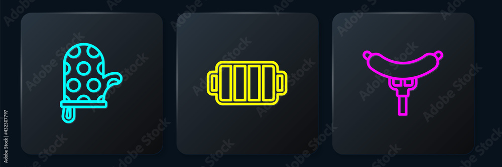 Set line Oven glove, Sausage on the fork and Barbecue grill. Black square button. Vector